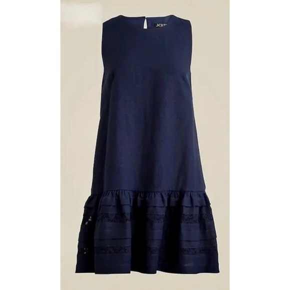NWT!! J. CREW Maxine Ruffle Trim Dress Linen Navy Blue Drop Waist Lace Large - Picture 11 of 15